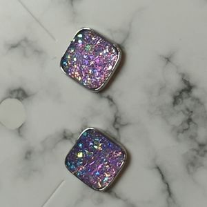 Stainless Steel Druzy Stud Earrings Square Shape Pink w Purple & Silver (23)